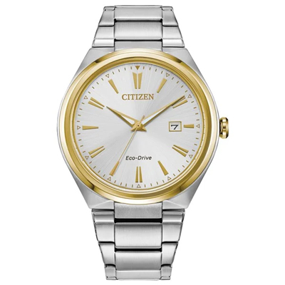 CITIZEN<sup>&reg;</sup> Men's Two Tone Watch - Corporate Exclusive with Eco-Drive Technology - You'll never need a battery, it's always charging from any light source. Date window at the three o'clock position. Case Size: 42MM. Water Resistance to 50M. Industry-leading 5-year warranty.